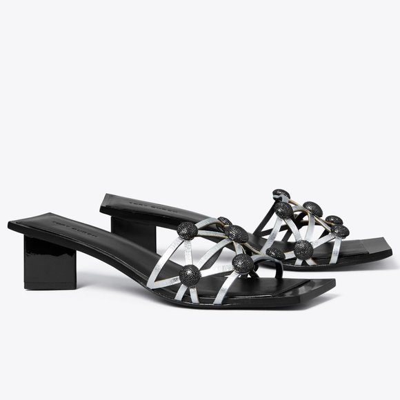 Tory Burch $670 CRYSTAL BOBBLE HEELED MULE SANDAL Silver Perfect Black 10 - Picture 1 of 6